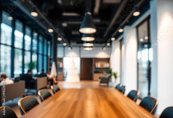 Fototapeta Blur focus of Fashion and modern office interiors. Front view of a loft open space office interior. Blur background, ai