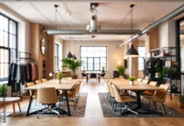 Fototapeta Blur focus modern, contemporary and fashion office interior. Front view of an open space office interior. Bokeh background for meeting and presentation, ai