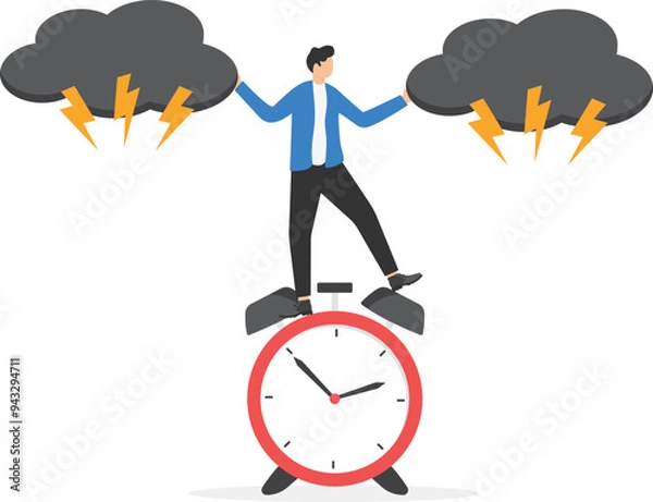 Fototapeta a man in a business suit stands on a pile of clock and disperses dark clouds with his hands,

