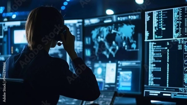 Fototapeta Cyber ​​Security Control Center Operator in Phone Call Working. Multiple Screens Showing Advanced Technical Data and Alerts
