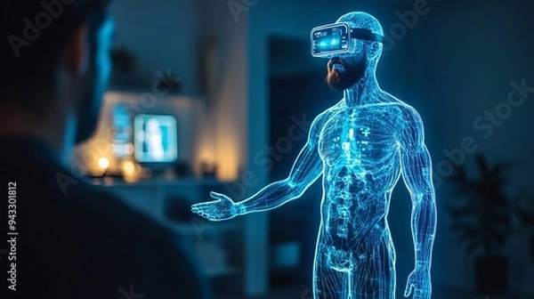 Fototapeta Doctor educating patients using a 3D hologram to demonstrate their medical condition in detail Stock Photo with copy space