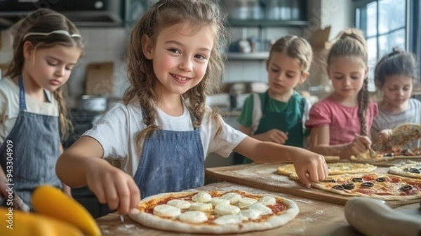 Obraz Group of children making pizza together in a kitchen.