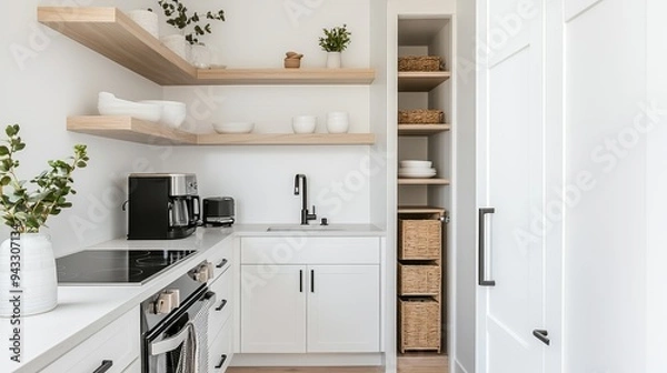 Fototapeta A small, efficient kitchen with open shelving, compact appliances, and a pull-out pantry
