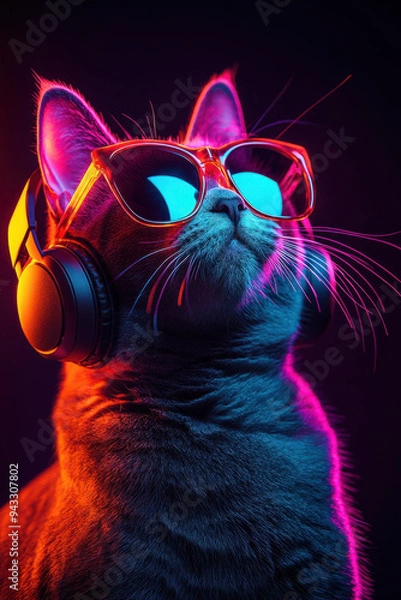 Fototapeta Cool Cat,  A stylish cat wearing sunglasses and headphones, illuminated by vibrant neon lights, creating a fun and lively atmosphere