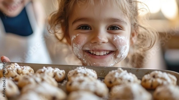 Obraz A little girl smiles with powdered sugar on her face after baking cookies.