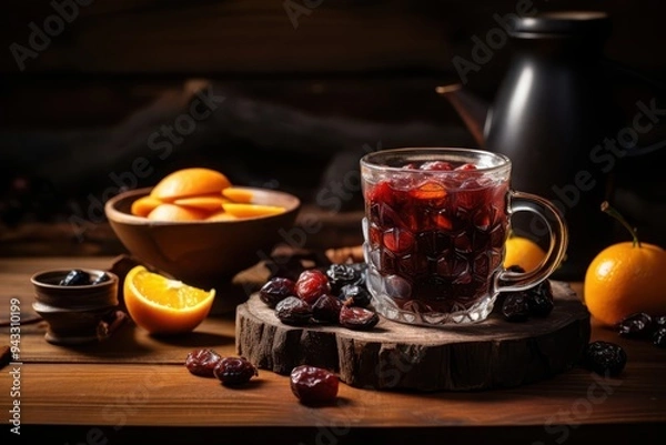 Fototapeta A glass of cranberry juice with orange slices and dried cranberries on a wooden table