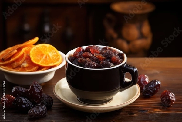 Fototapeta A vibrant arrangement of dried fruits and sliced oranges in a rustic setting highlighting warm tones and natural elements