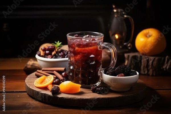 Fototapeta A mug of warm cranberry juice with cinnamon sticks and orange slices on a wooden tray