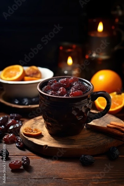Fototapeta Warm spiced drink with dried fruits and citrus served in a rustic mug on a wooden table in a cozy setting during winter evening