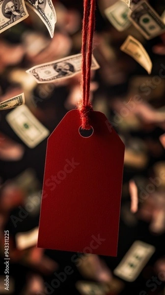 Fototapeta A bold red price tag hangs as banknotes swirl around it, capturing the essence of shopping and spending