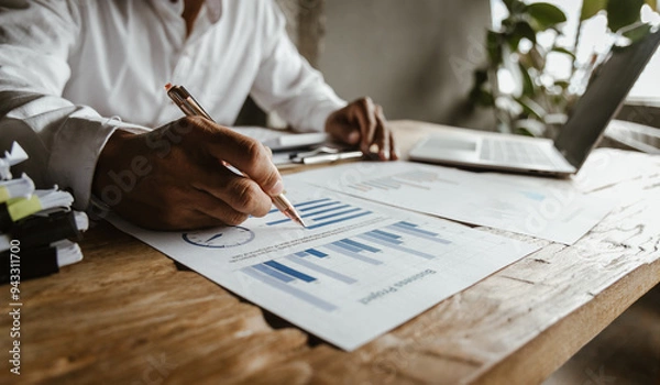 Fototapeta Financial Analyst Documents include charts, tax information and marketing strategies, with a focus on audit processes, compliance, risk management and company growth analysis.