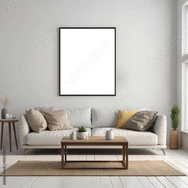 Fototapeta Minimalist Living Room with White Sofa and Empty Frame
