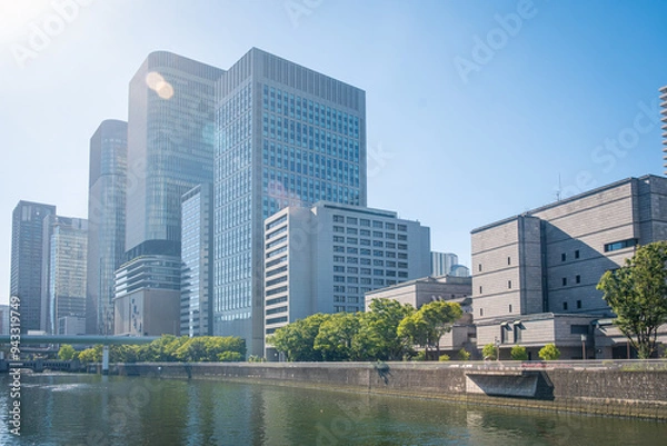 Obraz 大阪の大江橋からの中之島の都市風景
