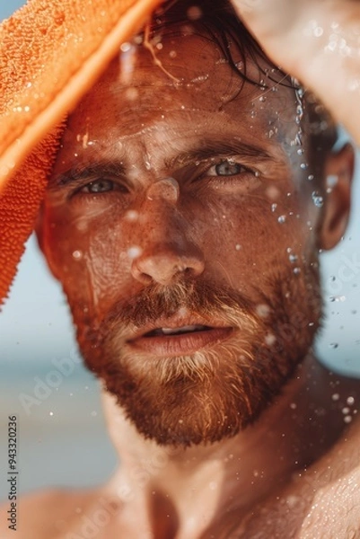 Fototapeta Exhausted runner wipes sweat away after intense workout on a sunny beach
