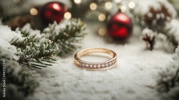 Obraz A gold ring adorned with diamonds placed on a snowy surface, with Christmas decorations in the background.