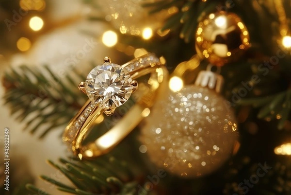 Obraz A gold diamond ring elegantly hanging on a Christmas tree branch, surrounded by sparkling ornaments and lights.