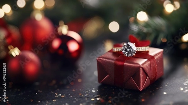 Fototapeta A diamond ring placed on a red gift box with Christmas ornaments and a festive background.