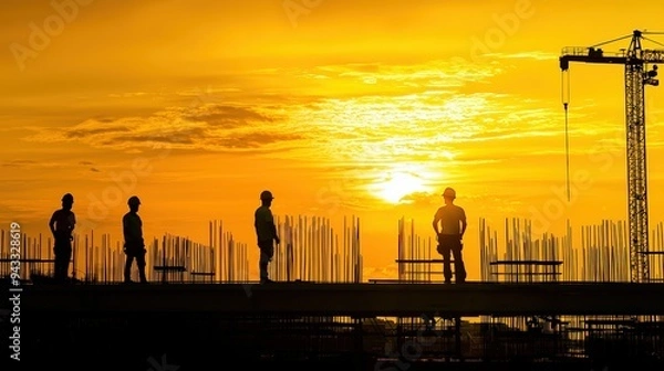 Fototapeta Construction workers at sunset