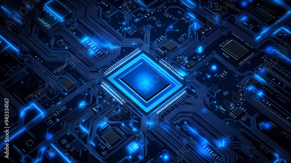 Obraz Abstract AI circuit board backdrop. Technological layout featuring interconnected blue lines with electronic components on a tech background. Computer motherboard showcasing a chip, processor.