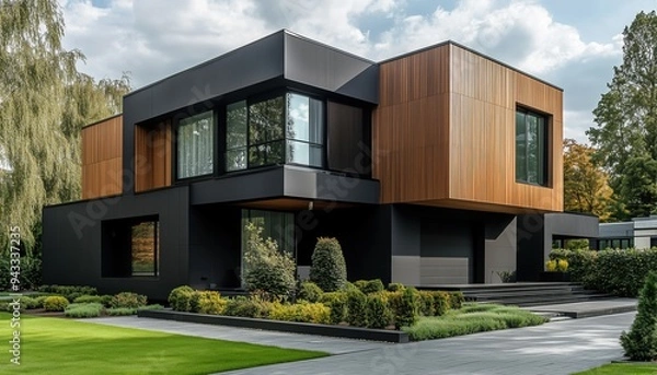 Fototapeta modern cubic house with landscaping design for residential architecture