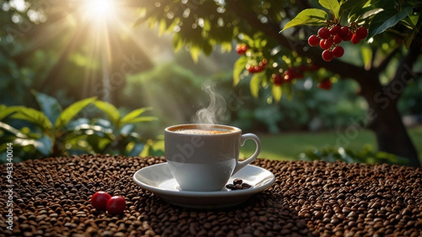 Fototapeta Elegant Coffee Beans and Cup Backgrounds for Stunning Designs | Rustic Coffee Beans and Cup Stock Images for Creative Projects | Premium Coffee Beans and Cup Backgrounds for Eye-Catching Visuals