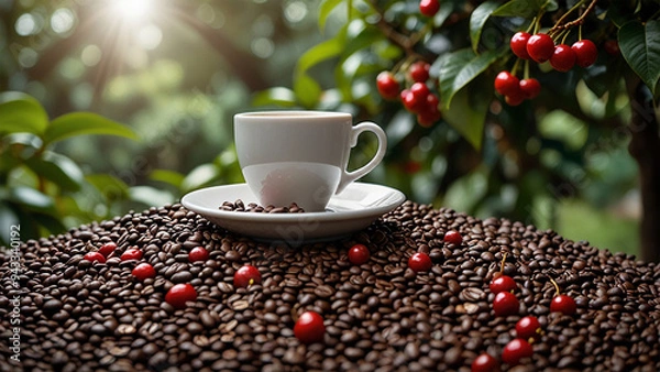 Fototapeta Elegant Coffee Beans and Cup Backgrounds for Stunning Designs | Rustic Coffee Beans and Cup Stock Images for Creative Projects | Premium Coffee Beans and Cup Backgrounds for Eye-Catching Visuals