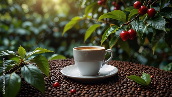 Fototapeta Elegant Coffee Beans and Cup Backgrounds for Stunning Designs | Rustic Coffee Beans and Cup Stock Images for Creative Projects | Premium Coffee Beans and Cup Backgrounds for Eye-Catching Visuals