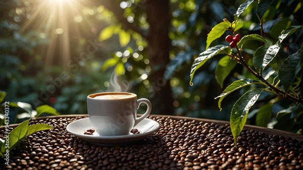 Fototapeta Elegant Coffee Beans and Cup Backgrounds for Stunning Designs | Rustic Coffee Beans and Cup Stock Images for Creative Projects | Premium Coffee Beans and Cup Backgrounds for Eye-Catching Visuals