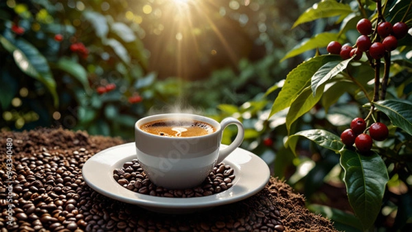 Fototapeta Elegant Coffee Beans and Cup Backgrounds for Stunning Designs | Rustic Coffee Beans and Cup Stock Images for Creative Projects | Premium Coffee Beans and Cup Backgrounds for Eye-Catching Visuals