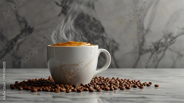 Fototapeta Elegant Coffee Beans and Cup Backgrounds for Stunning Designs | Rustic Coffee Beans and Cup Stock Images for Creative Projects | Premium Coffee Beans and Cup Backgrounds for Eye-Catching Visuals