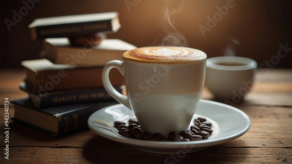 Fototapeta Elegant Coffee Beans and Cup Backgrounds for Stunning Designs | Rustic Coffee Beans and Cup Stock Images for Creative Projects | Premium Coffee Beans and Cup Backgrounds for Eye-Catching Visuals