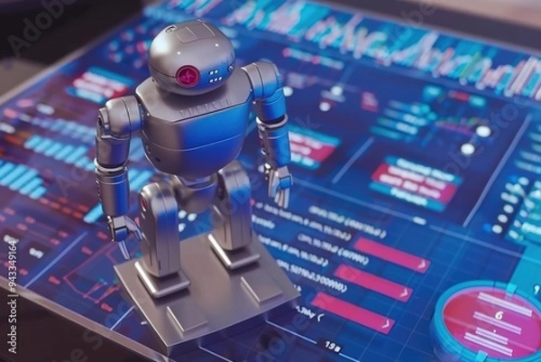 Fototapeta A silver robot on a futuristic interface analyzes data streams on a blue screen with charts, graphs, and numbers for complex data analysis