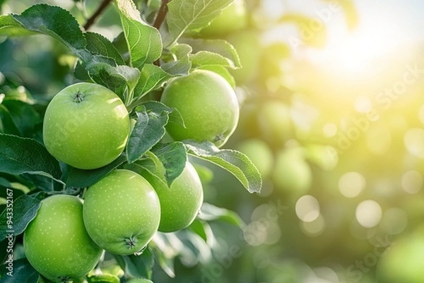 Fototapeta Green apples on tree ready to be harvested. Ripe green apple fruits in apple orchard. Selective focus. Generative Ai