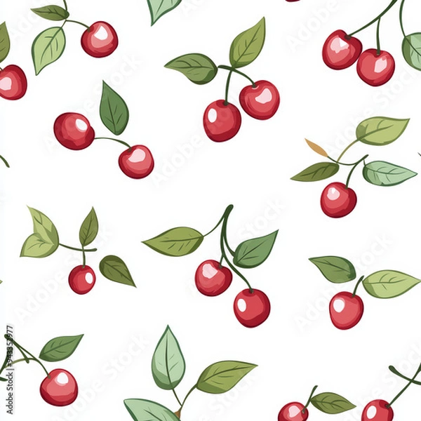 Fototapeta Seamless, Cherry pattern, Hand-drawn cherries, Minimalist design, Green leaves, Realistic colors, Simple drawing, White background, Negative space, Decorative design, Vector pattern, Nature inspired, 