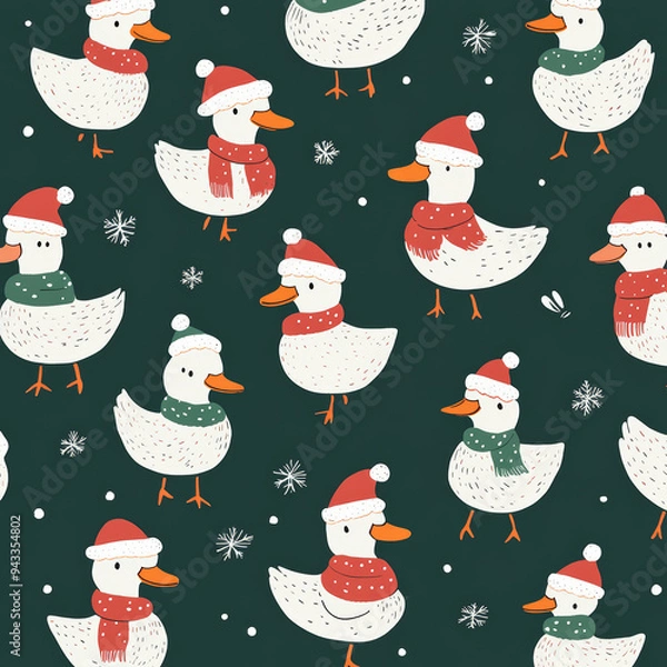 Fototapeta Seamless, Christmas pattern, Hand-drawn call ducks, Festive colors, Minimalist design, Cute ducks, Red, Green, White, Christmas theme, Simple drawing, White background, Negative space,