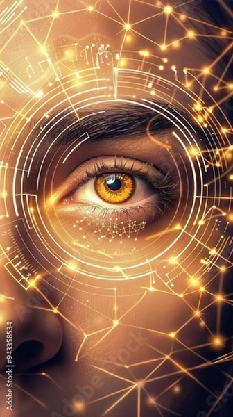 Fototapeta An eye with golden iris is being scanned with biometric authentication technology, surrounded by glowing lines and network connections