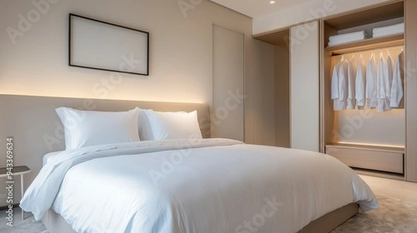 Fototapeta A luxurious master bedroom with a king-sized bed, walk-in closet, and en-suite bathroom