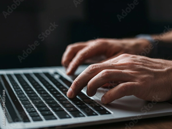 Fototapeta Man working on laptop computer in coffee shop, freelancer, digital nomad, businessman in casual clothes, working online, typing on laptop, surfing internet in cafe, remote work