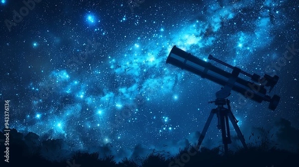 Fototapeta Telescope pointing towards starry night sky, astronomy concept