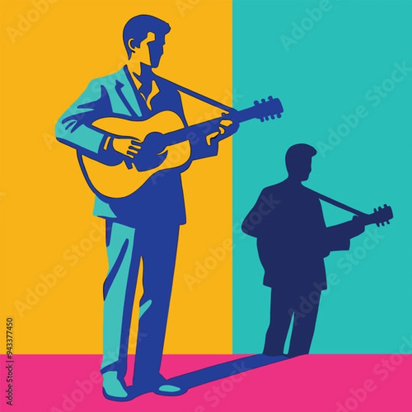 Fototapeta A man playing a guitar has shadows stretching all the way to the wall. Vector illustration