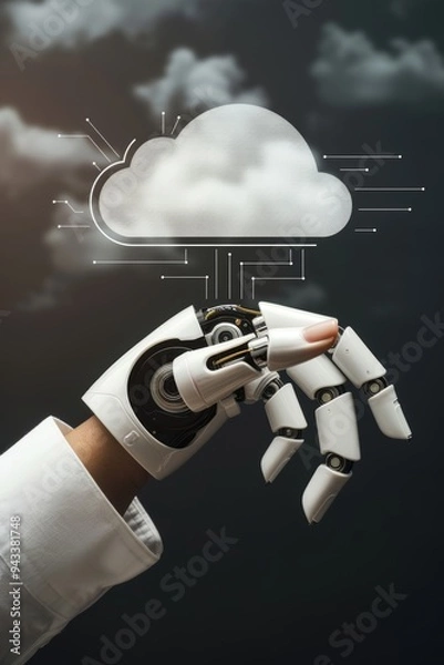 Obraz Robot Hand and Cloud Computing Icon Concept of Cloud Technology, Data Storage, and AI