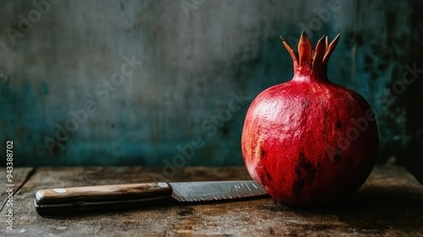 Fototapeta Ripe Pomegranate on Rustic Wood with a Knife