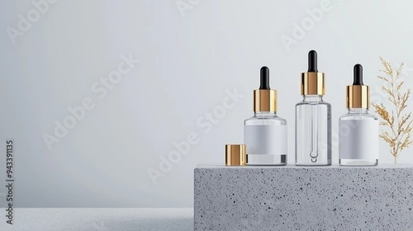 Fototapeta Minimalist skincare setup, glass bottles with droppers on a concrete platform, 3D illustration