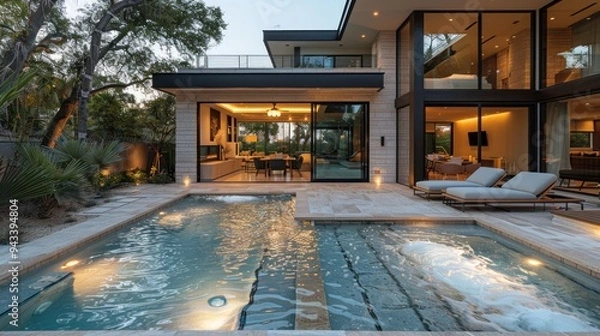 Fototapeta Elegant modern home featuring a serene pool and lush landscaping at twilight in a tranquil neighborhood. Generative AI
