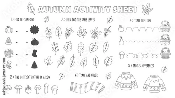 Obraz Vector autumn playmat for kids. Fall activity sheet. Black and white worksheet.
