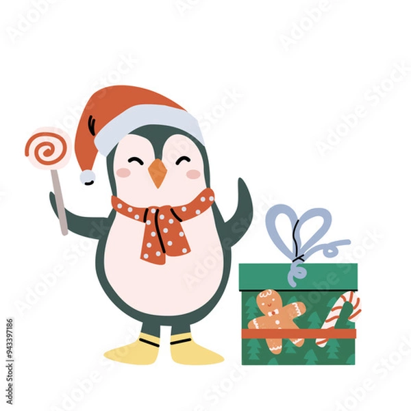 Obraz Childrens cute xmas penguin character, smiling person with gift. Happy holidays concept design. Christmas and new year flat cartoon celebration fairy character. Cute childrens animal.