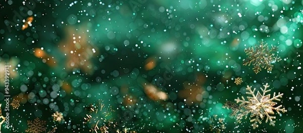 Fototapeta Numerous gorgeous snowflakes set against a green backdrop in a copy space image