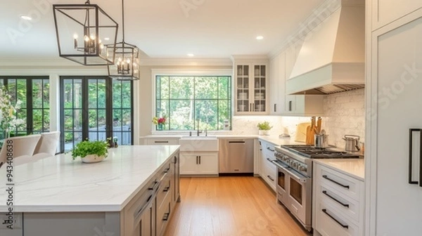 Fototapeta A bright and modern kitchen with high-end appliances, an island, and plenty of storage