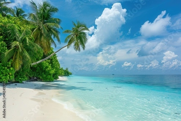 Fototapeta Luxurious tropical landscape. White sand with palm trees and azure sea. A heavenly place to relax. Beautiful exotic summer beach background for design.
