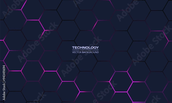 Fototapeta Dark hexagon abstract technology background with pink and purple colored bright flashes under hexagon. Hexagonal gaming vector abstract tech background.